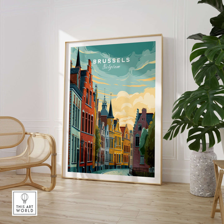 Brussels Belgium historic houses sunset poster showcasing iconic architecture in warm hues.