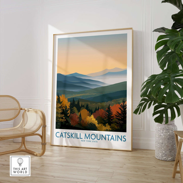 Catskill Mountains fall landscape poster featuring vibrant autumn colors, New York State travel decor for nature lovers.