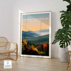 Catskill Mountains New York Autumn Foliage Print - Mountain Valley Wall Art displayed in a modern living room setting.