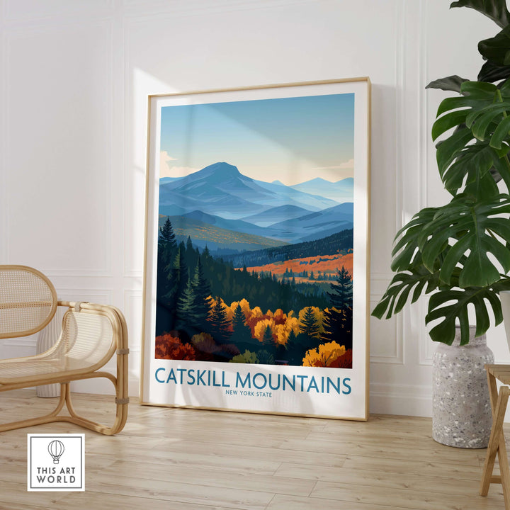 Catskill Mountains Fall Poster featuring vibrant autumn colors in a stylish room setting.