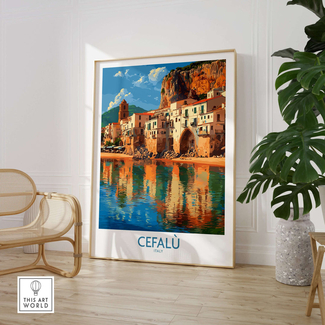 Cefalù Italy Mediterranean beach poster showcasing historic seaside town architecture and vibrant coastline reflections.