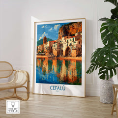Cefalù Italy Mediterranean Beach Poster - Historic Seaside Travel Print showcasing charming coastal architecture.