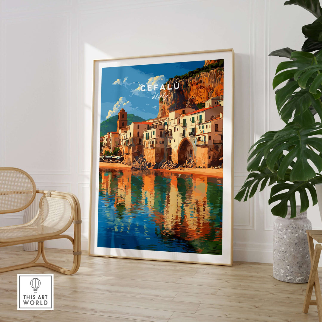 Cefalù Italy travel print showcasing colorful coastal village art, perfect for home decor lovers.