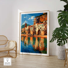 Cefalù Italy Travel Print - Sicilian Village Wall Art showcasing picturesque coastal village scenery.