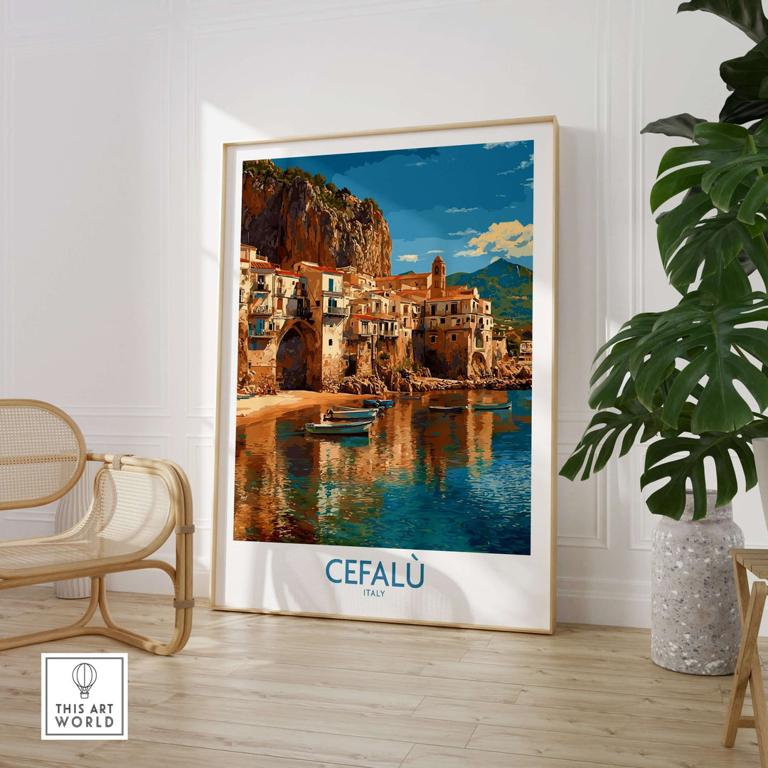 Cefalù Italy wall art featuring colorful buildings and scenic coastal view in modern decor.