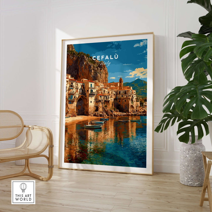 Cefalù Italy poster showcasing vibrant coastal scene and charming village architecture in Mediterranean decor.