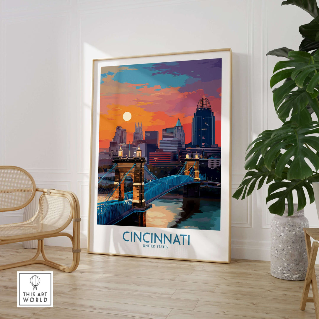 Cincinnati downtown cityscape print featuring sunset colors, showcasing the iconic skyline and bridge.