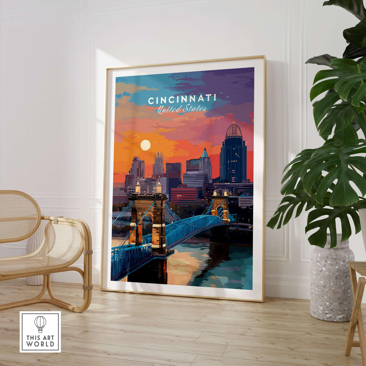 Cincinnati Ohio Sunset Skyline Poster - Roebling Bridge Wall Art featuring vibrant colors and cityscape in a stylish setting.
