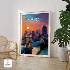 Cincinnati Ohio Sunset Skyline Poster - Roebling Bridge Wall Art featuring vibrant colors and cityscape in a stylish setting.