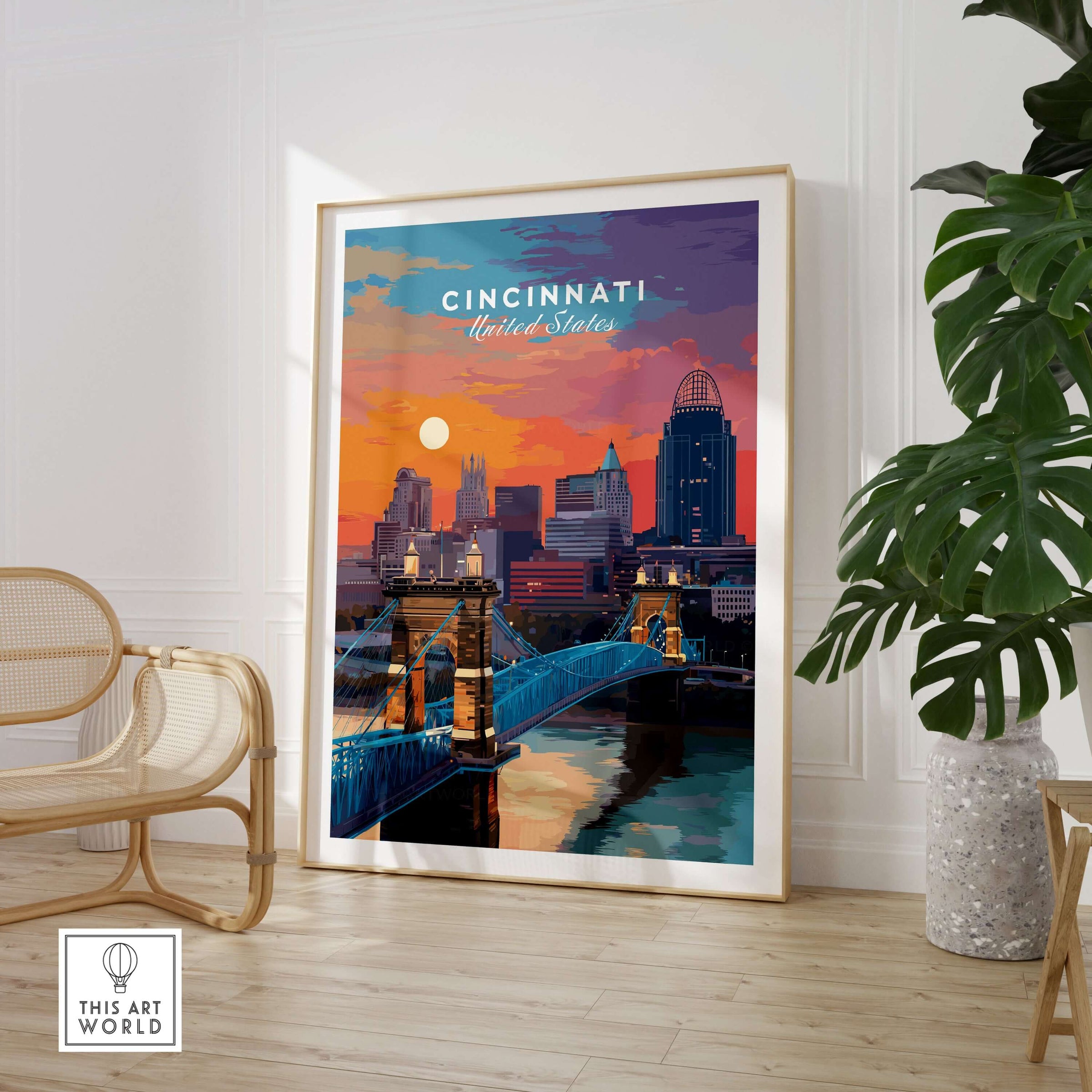 Cincinnati Ohio Sunset Skyline Poster - Roebling Bridge Wall Art featuring vibrant colors and cityscape in a stylish setting.