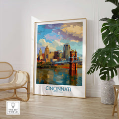 Cincinnati Riverfront Cityscape Poster - Ohio Wall Art displayed in a stylish home interior.