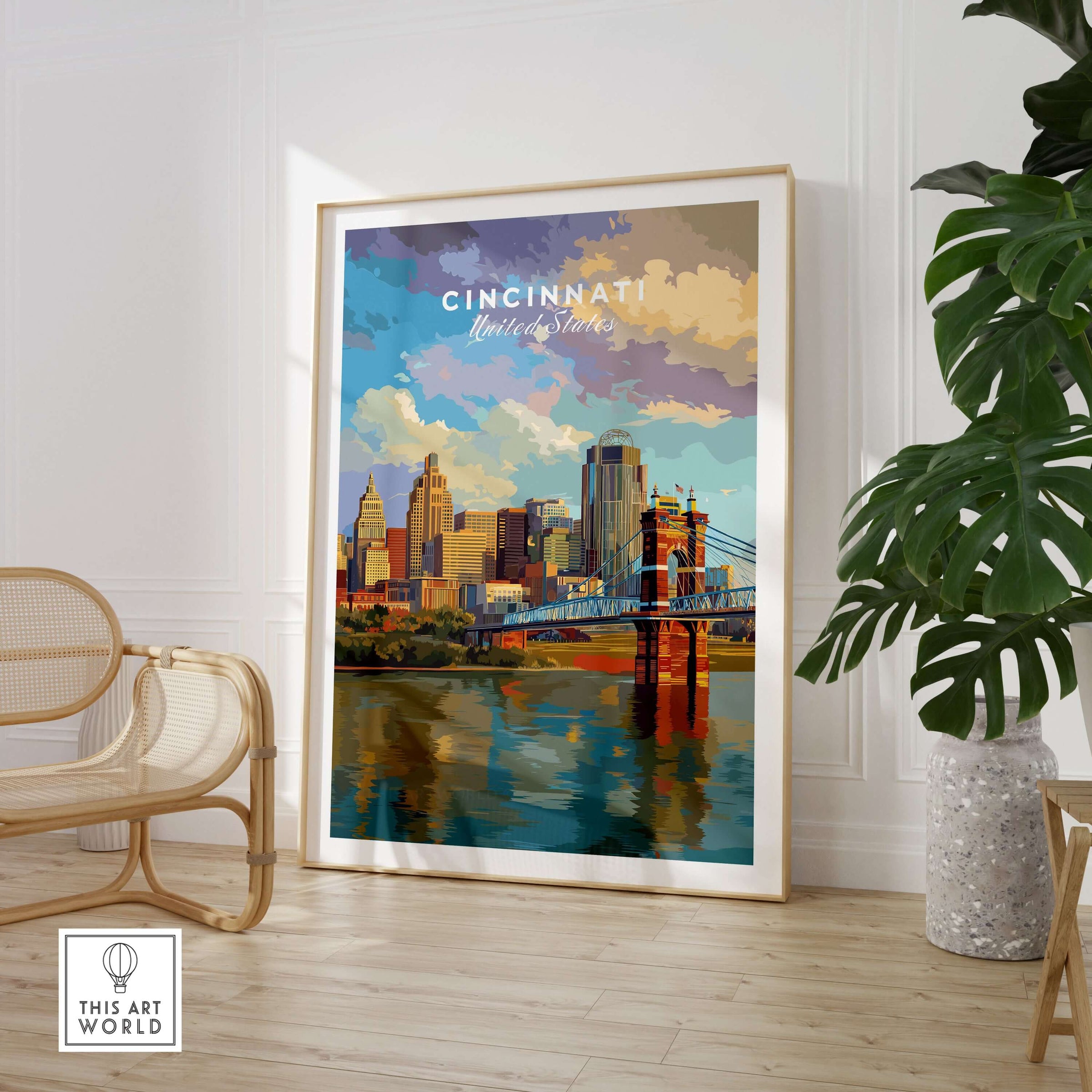 Cincinnati Ohio Skyline Print - Roebling Bridge Wall Art displayed in modern decor setting with vibrant colors.