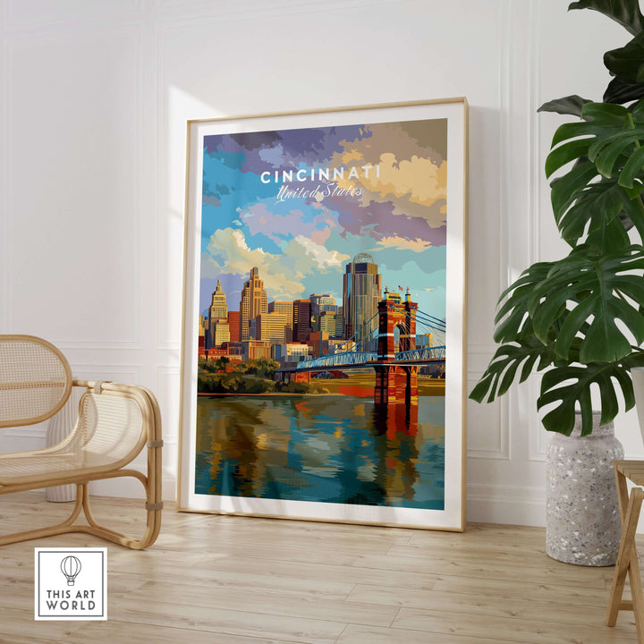 Cincinnati skyline print featuring Roebling Bridge in modern decor setting, showcasing urban landscape art.