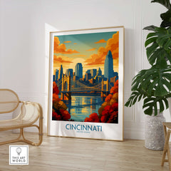 Cincinnati Skyline Print - Ohio Autumn Cityscape Decor displayed in a cozy living room with warm autumn colors.