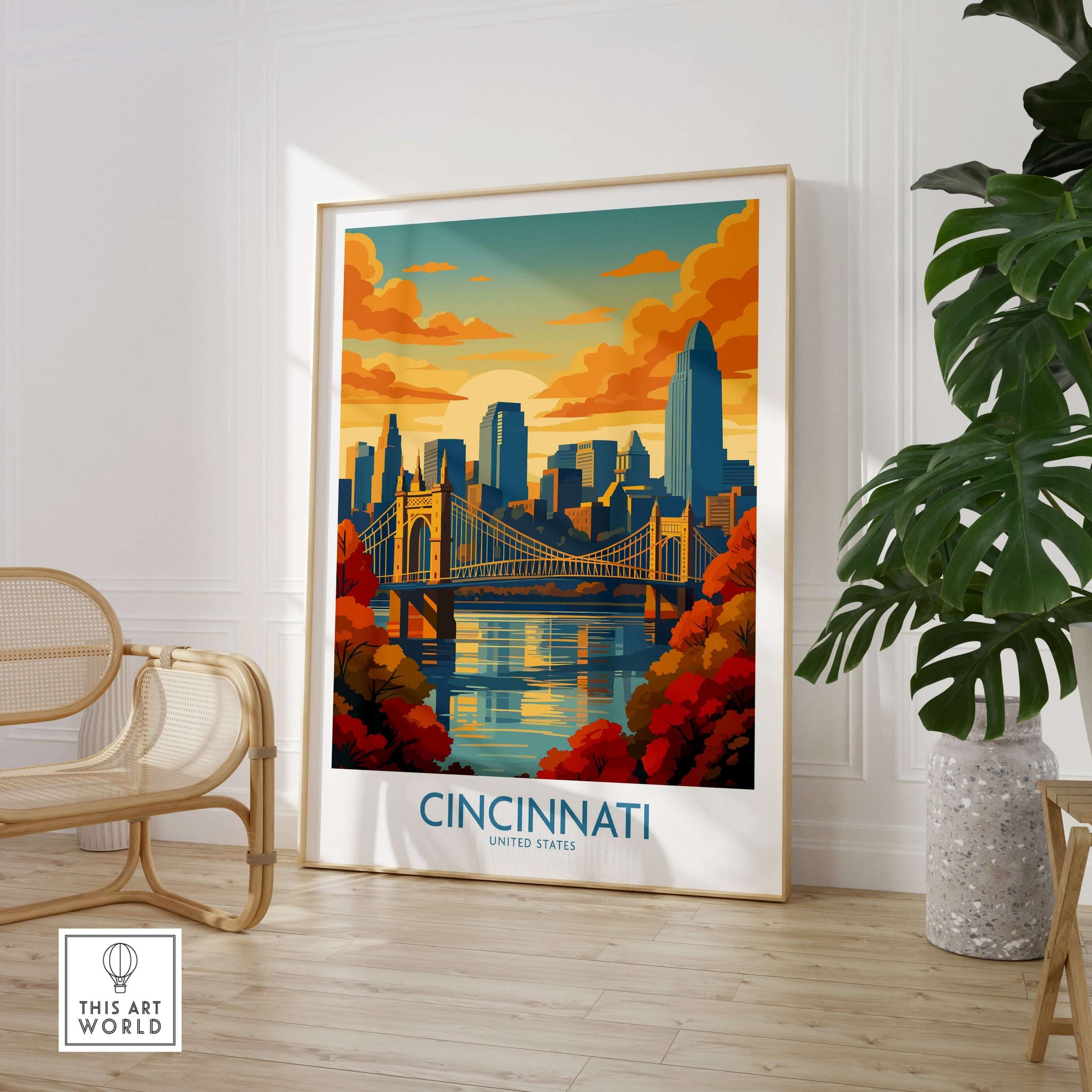 Cincinnati Skyline Print - Ohio Autumn Cityscape Decor displayed in a cozy living room with warm autumn colors.