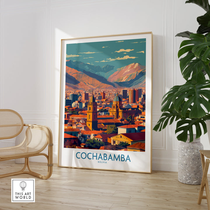 Cochabamba Bolivia wall art print showcasing vibrant cityscape and mountains in a modern interior setting.
