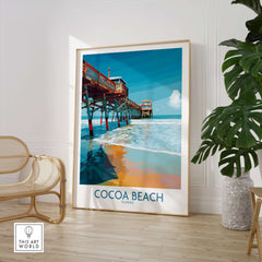 Cocoa Beach Pier Poster - Florida Beach Travel Decor featuring vibrant colors and coastal scenery.