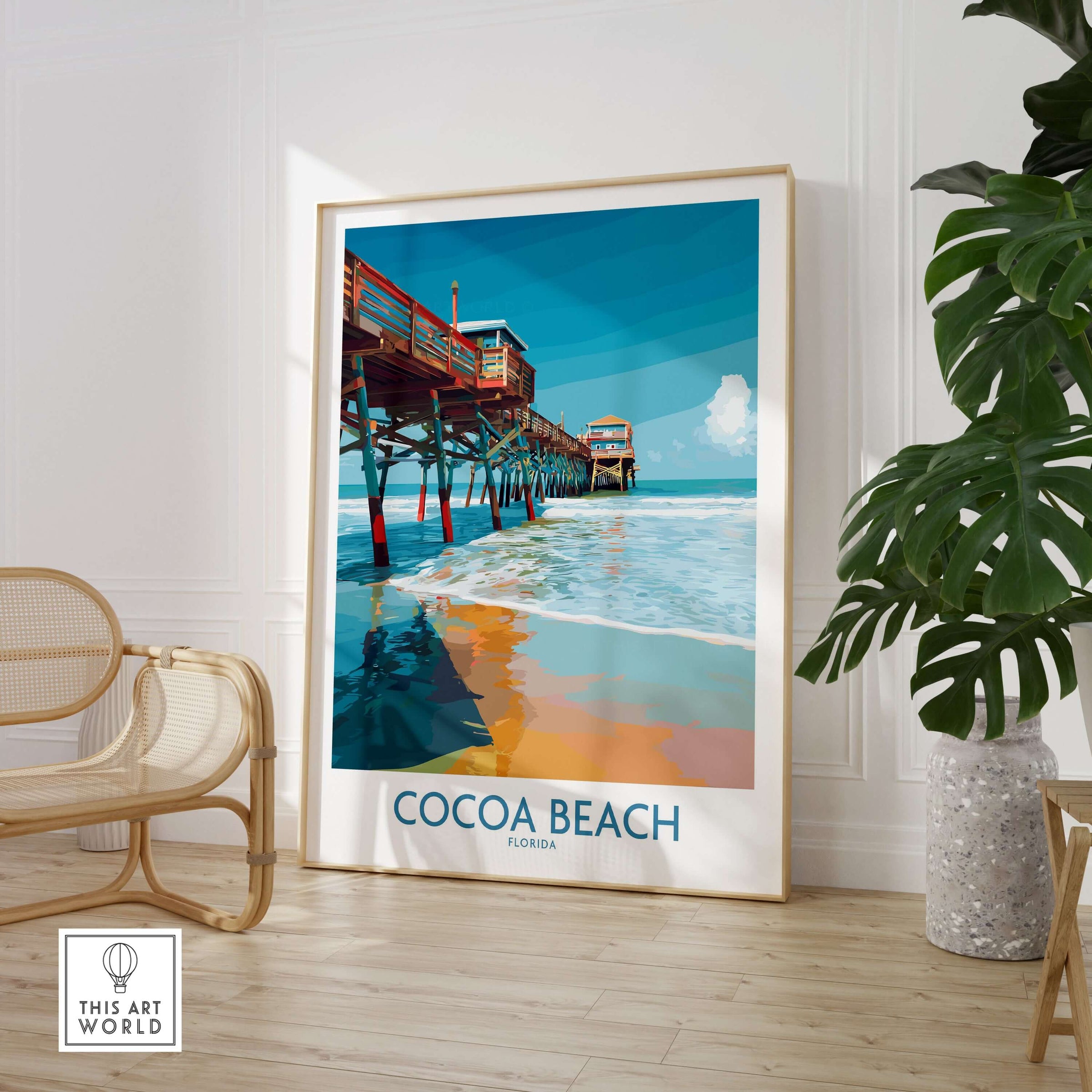 Cocoa Beach Pier Poster - Florida Beach Travel Decor featuring vibrant colors and coastal scenery.
