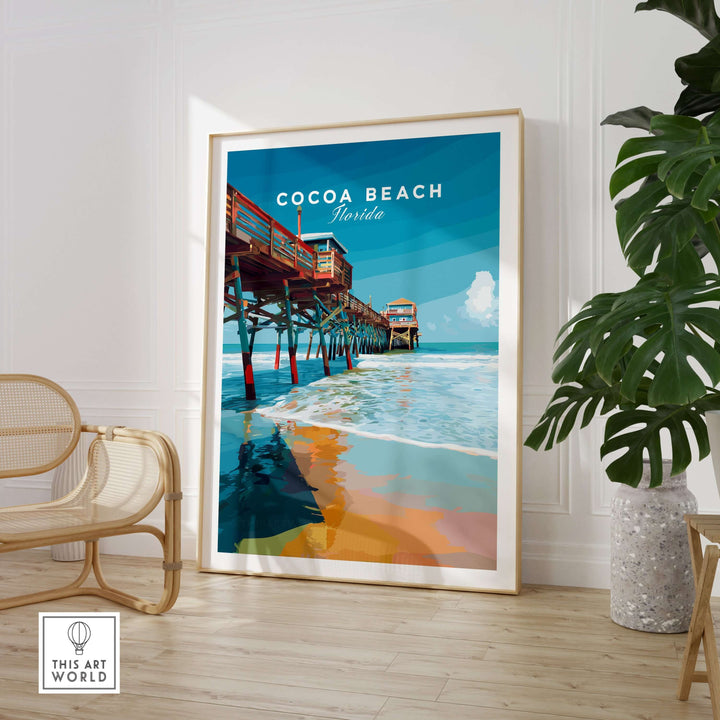 Cocoa Beach Florida Pier print showcasing vibrant coastal colors in a modern interior design setting.