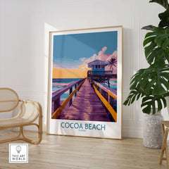 Cocoa Beach Florida Wooden Pier Poster - Golden Hour Sunset Decor showcasing a vibrant tropical sunset and pier.