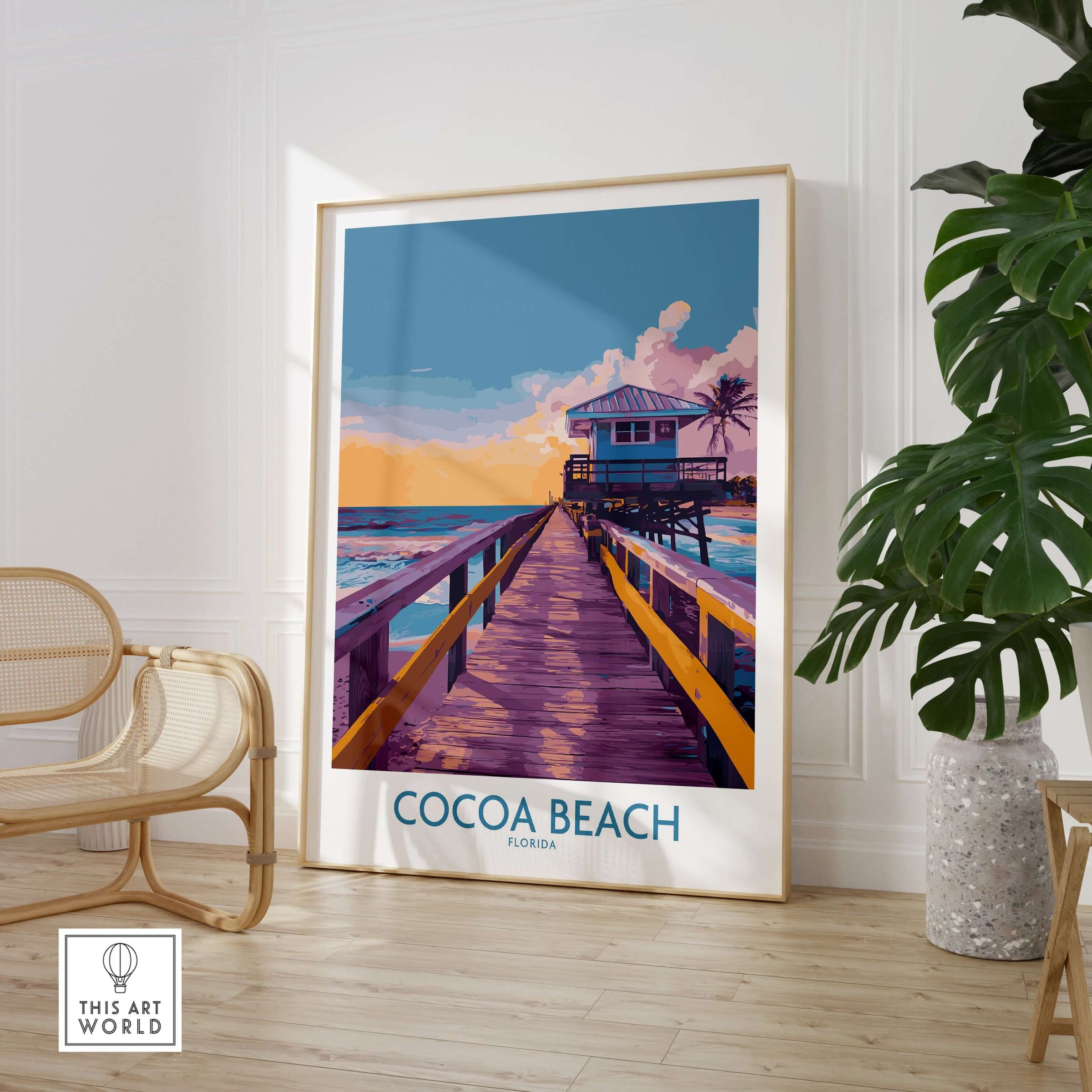 Cocoa Beach Florida Wooden Pier Poster - Golden Hour Sunset Decor showcasing a vibrant tropical sunset and pier.
