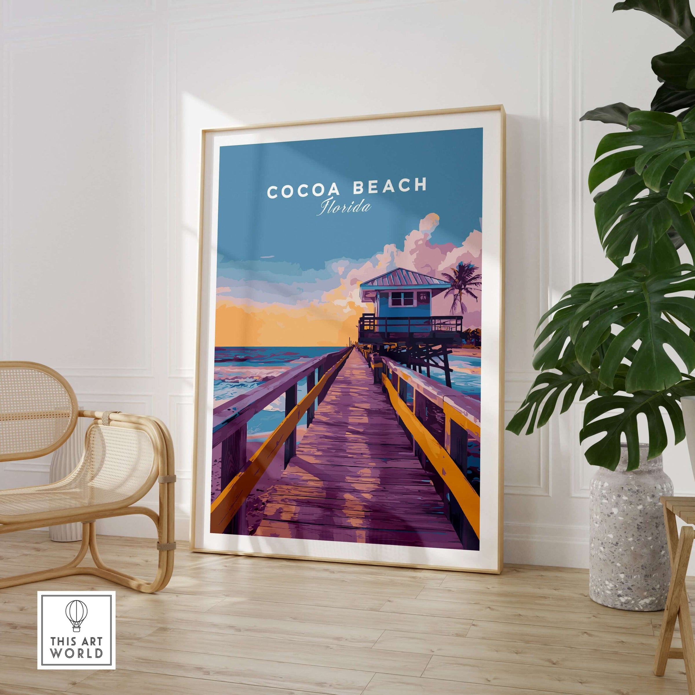 Cocoa Beach Boardwalk Print - Florida Sunset Wall Art featuring a vibrant pier and ocean sunset in a stylish frame.