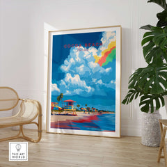 Cocoa Beach Lifeguard Stand Print - Florida Beach Wall Art displayed in a bright interior with coastal decor and lively colors.