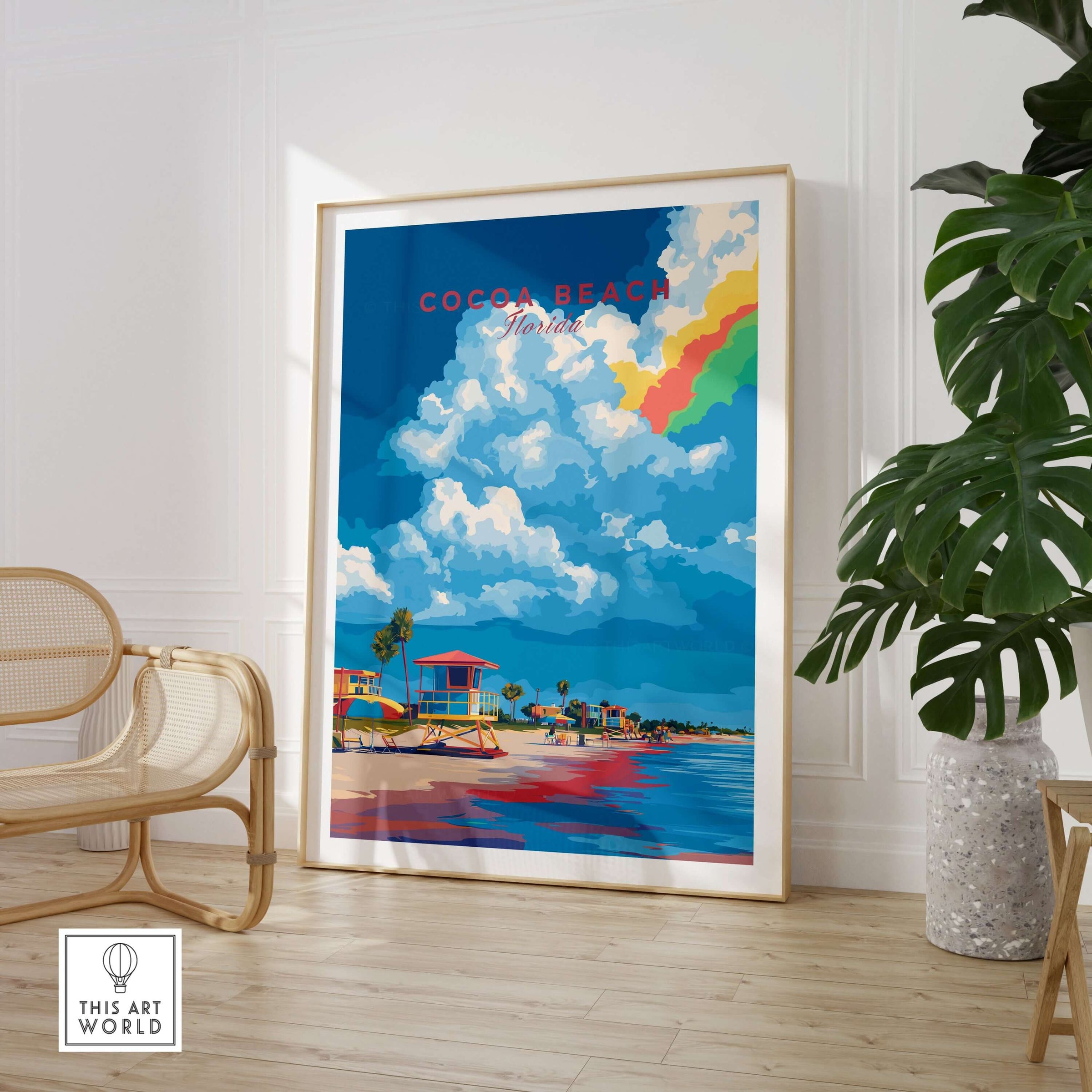 Cocoa Beach Lifeguard Stand Print - Florida Beach Wall Art displayed in a bright interior with coastal decor and lively colors.
