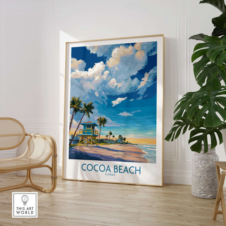 Cocoa Beach Florida oceanfront landscape print featuring palm trees and vibrant clouds, perfect for coastal decor.