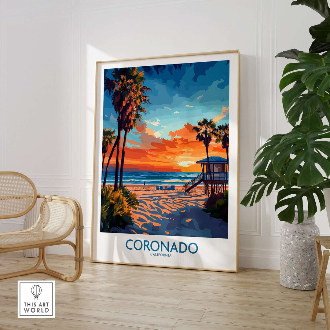 Coronado Print California featuring vibrant sunset and beach scene with palm trees, enhancing home decor with coastal charm.