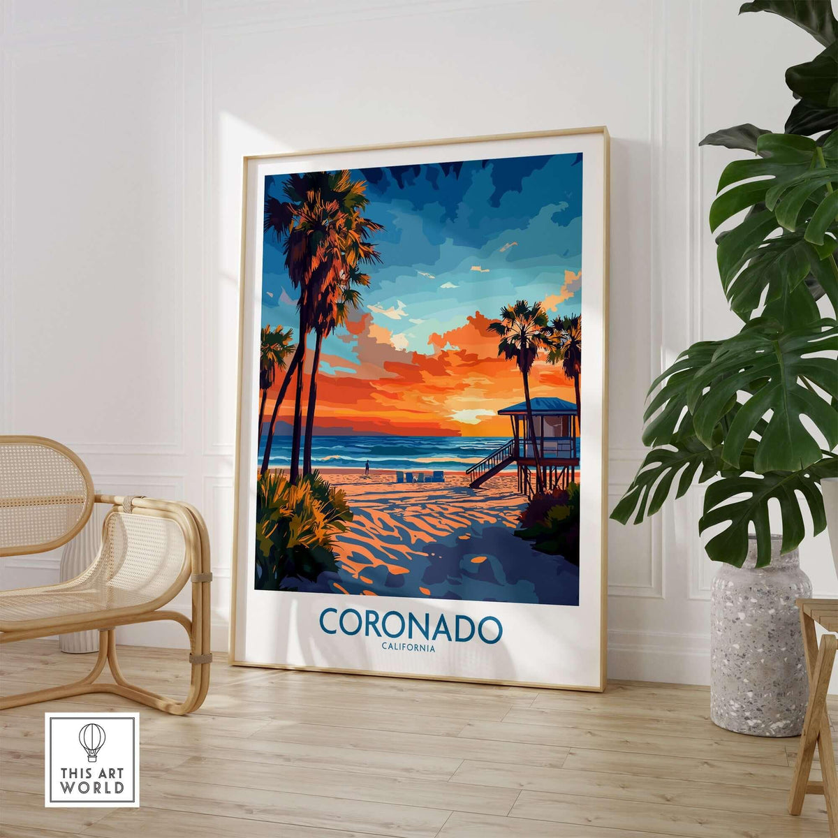 Coronado Print California featuring a vibrant sunset and beach scene with palm trees, enhancing home decor.