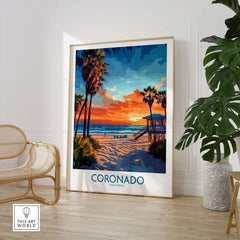 Coronado Print California featuring a vibrant sunset and beach scene with palm trees, enhancing home decor.