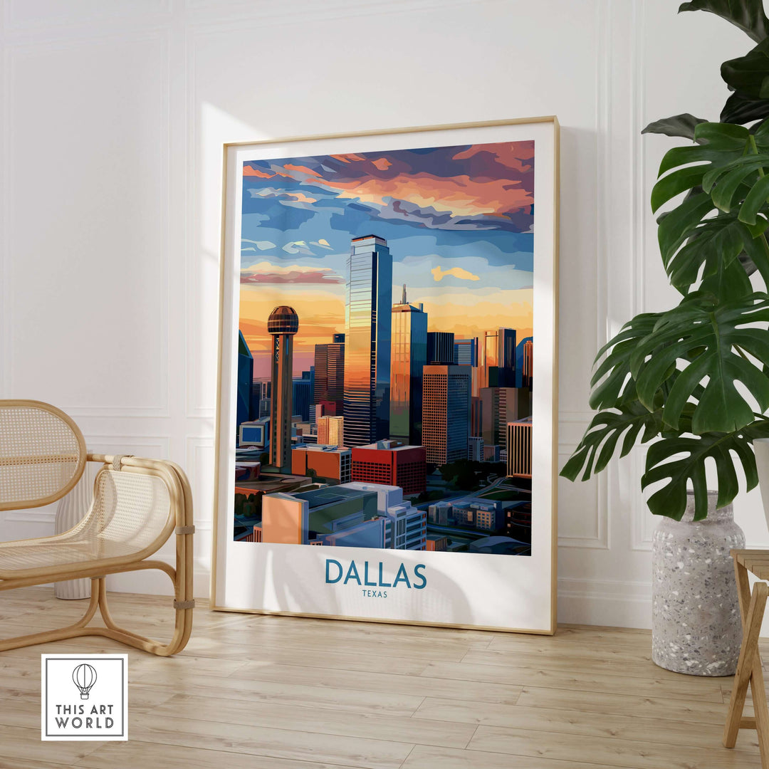 Dallas Texas sunset wall art showcasing the city skyline in warm hues, ideal for modern travel decor.