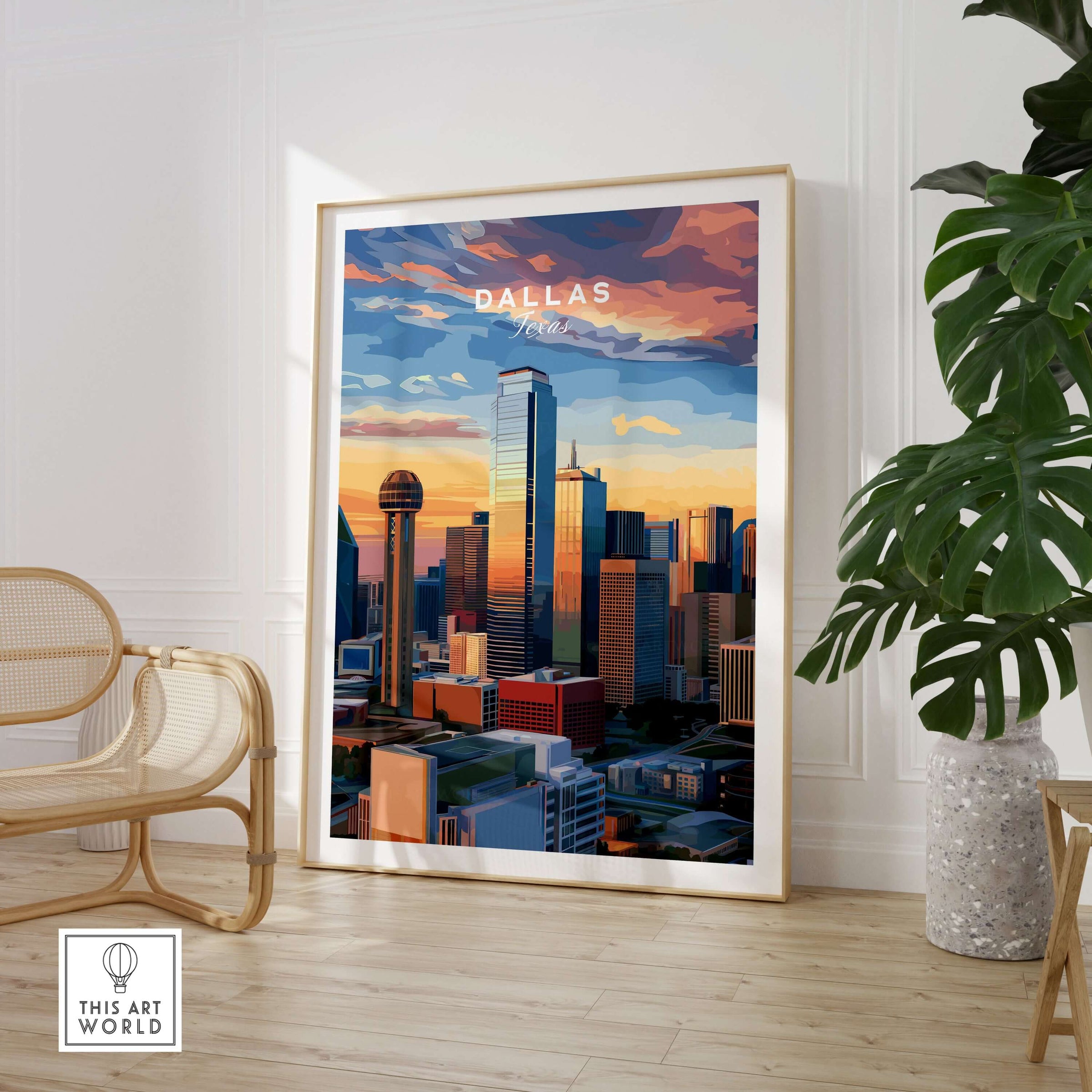 Dallas Texas Reunion Tower Skyline Poster - Downtown Cityscape Print on display in a modern interior.