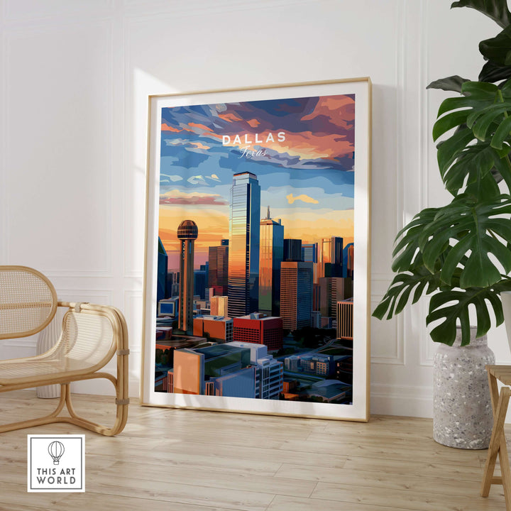 Dallas Texas skyline poster featuring Reunion Tower and modern downtown cityscape in vibrant colors.
