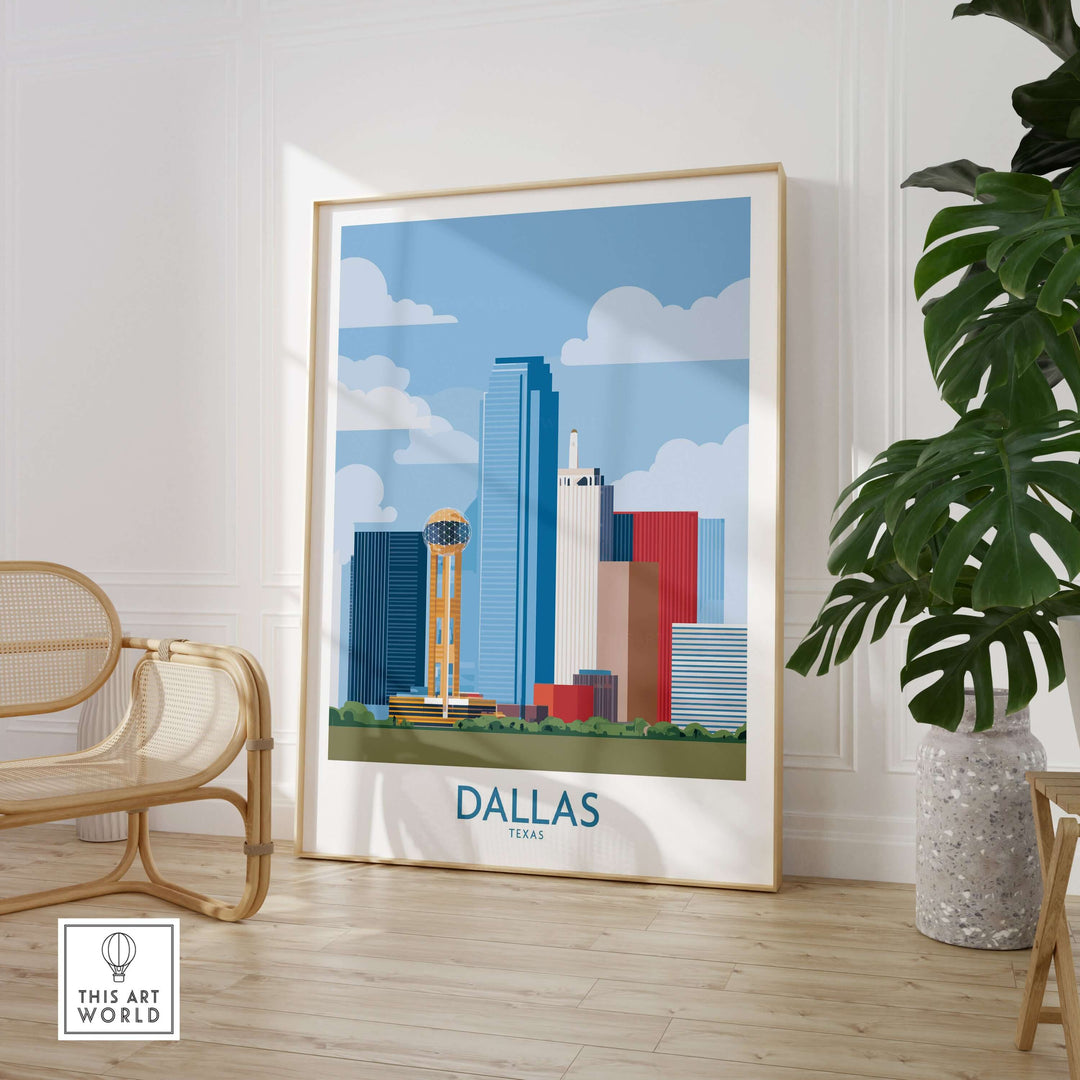 Dallas cityscape poster showcasing skyline art for Texas travel decor in modern interior design.