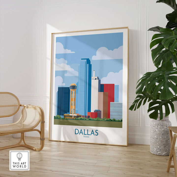 Dallas cityscape poster showcasing skyline art for Texas travel decor in modern interior design.