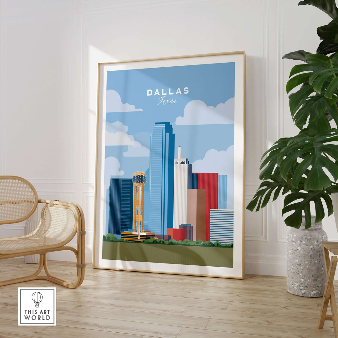 Dallas Texas skyline print featuring Reunion Tower in a modern living room setting.