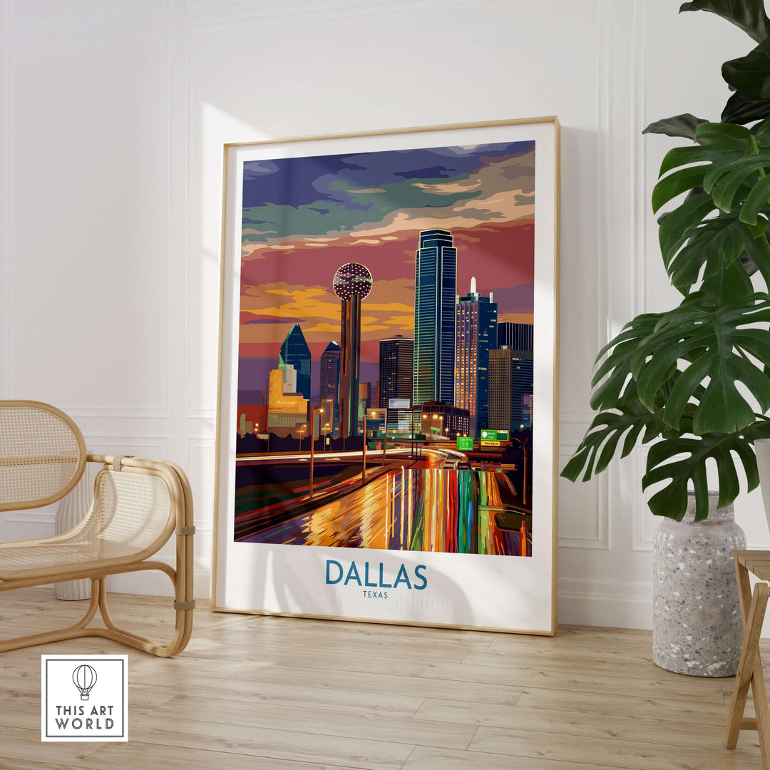 Dallas Downtown wall art showcasing skyline at dusk, adding urban elegance to your decor.