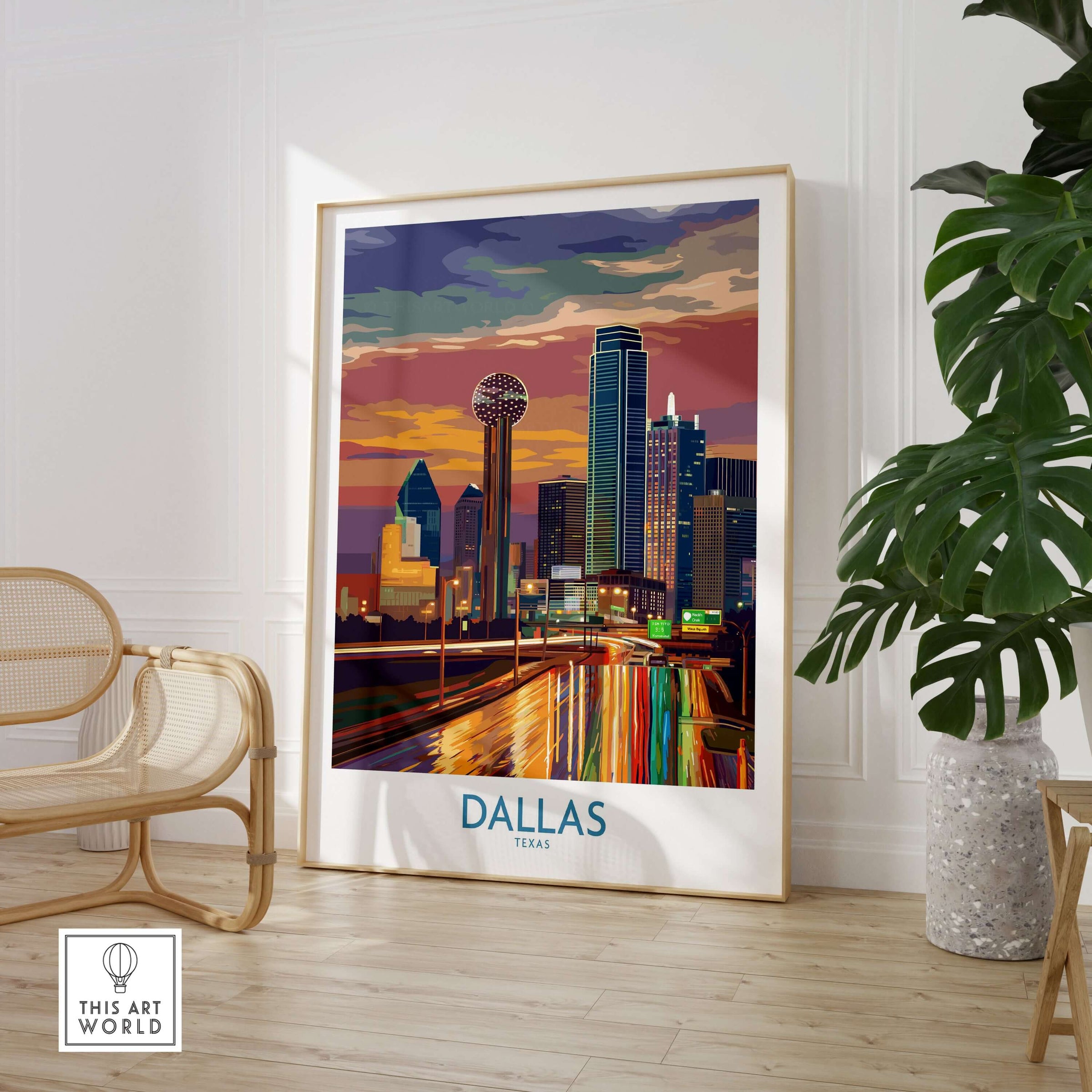 Dallas Downtown at Dusk Wall Art - Texas Urban Decor featuring the vibrant skyline and colorful sunset.