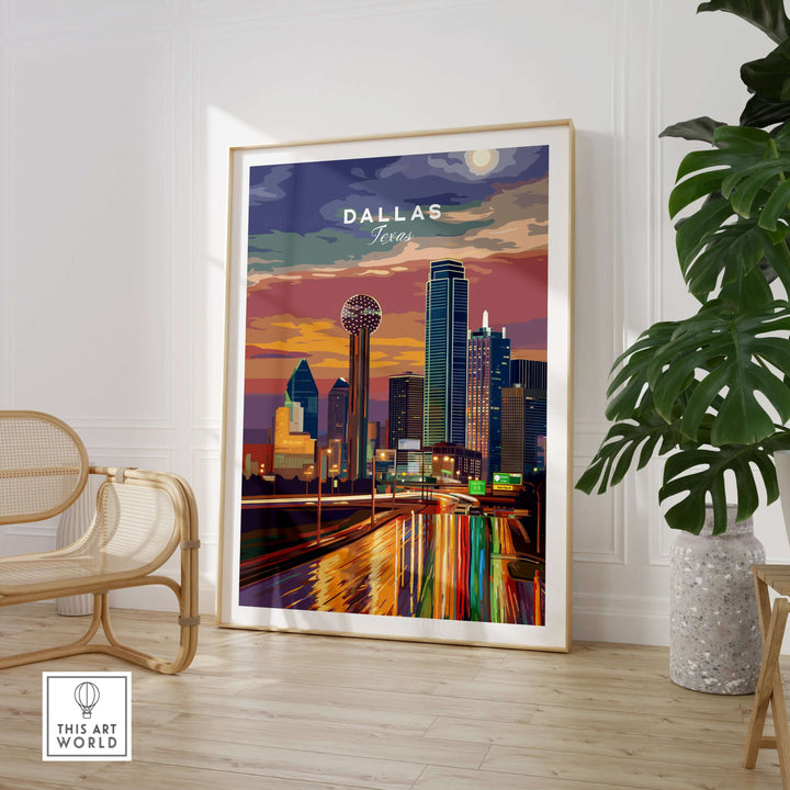 Dallas Texas skyline poster with illuminated highways and sunset colors, perfect for vibrant home decor.
