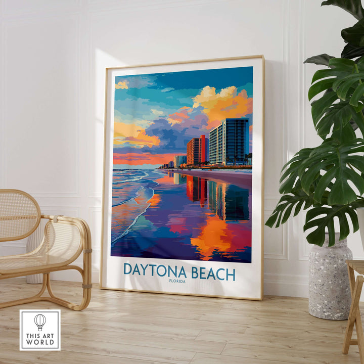 Colorful Daytona Beach poster showcasing oceanfront reflections, perfect Florida travel decor for beach lovers.