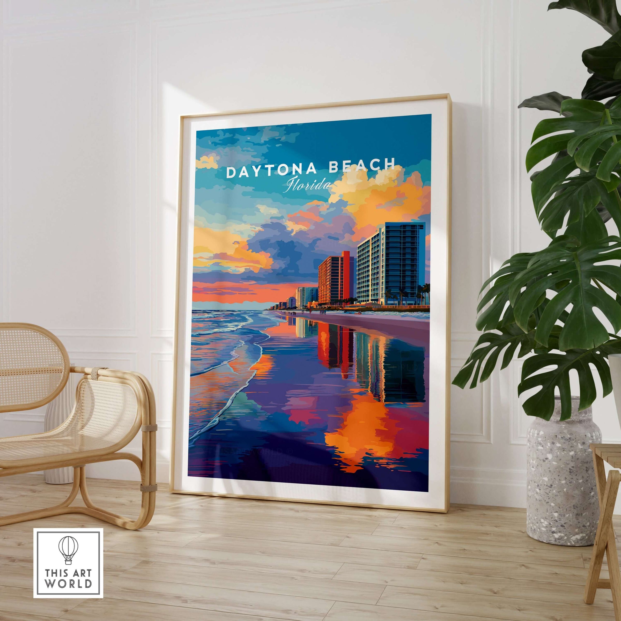 Daytona Beach Sunset Skyline Print - Florida Beachfront Cityscape Wall Art displayed in modern interior with reflections on water.