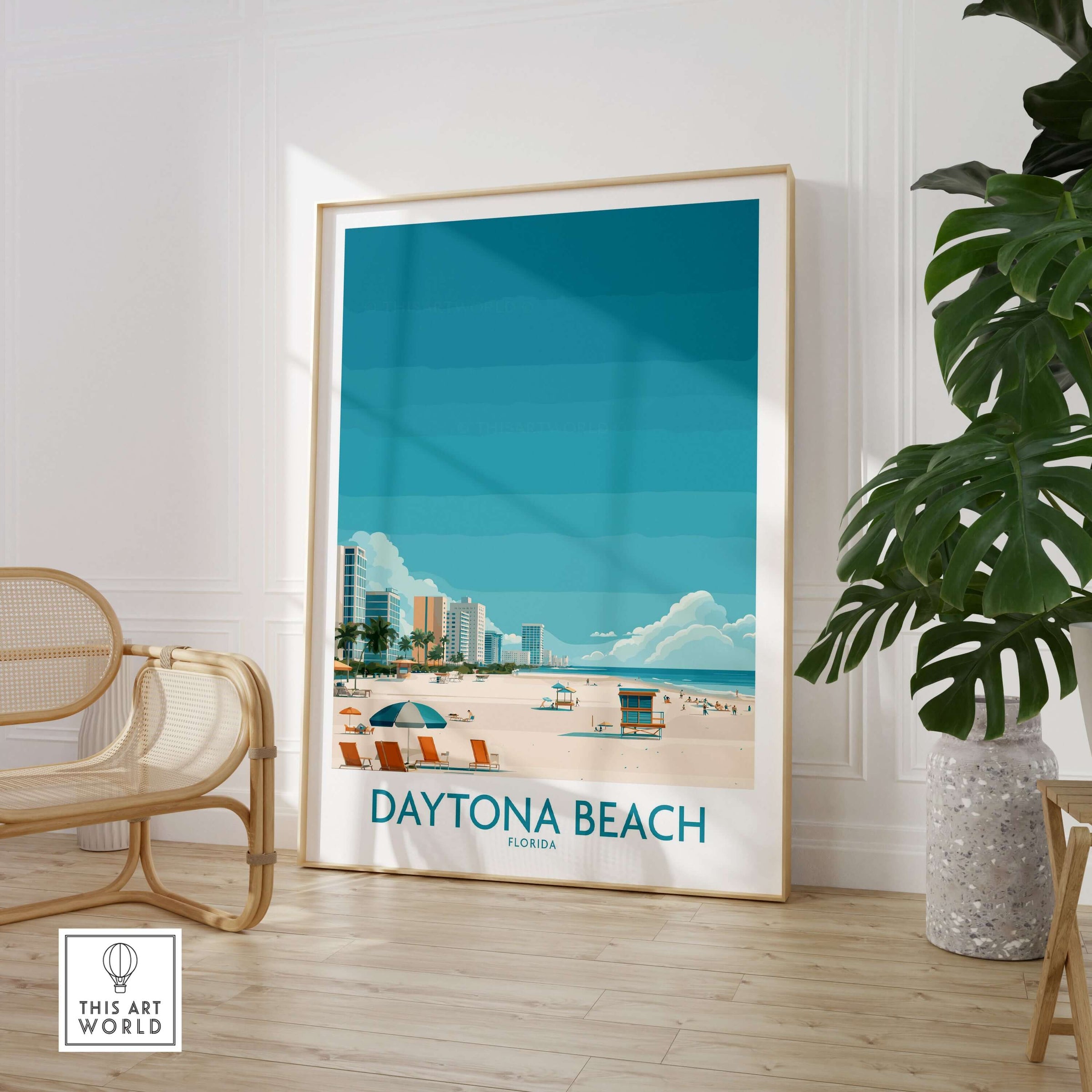 Daytona Beach Tropical Beachfront Poster - Florida Vacation Decor in a stylish living room setting.