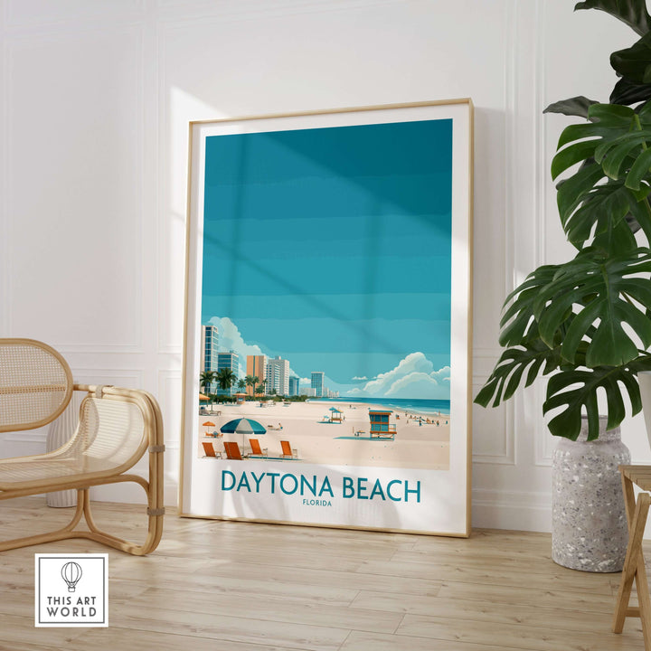 Daytona Beach Tropical Beachfront Poster showcasing vibrant Florida vacation decor in a stylish living room setting.