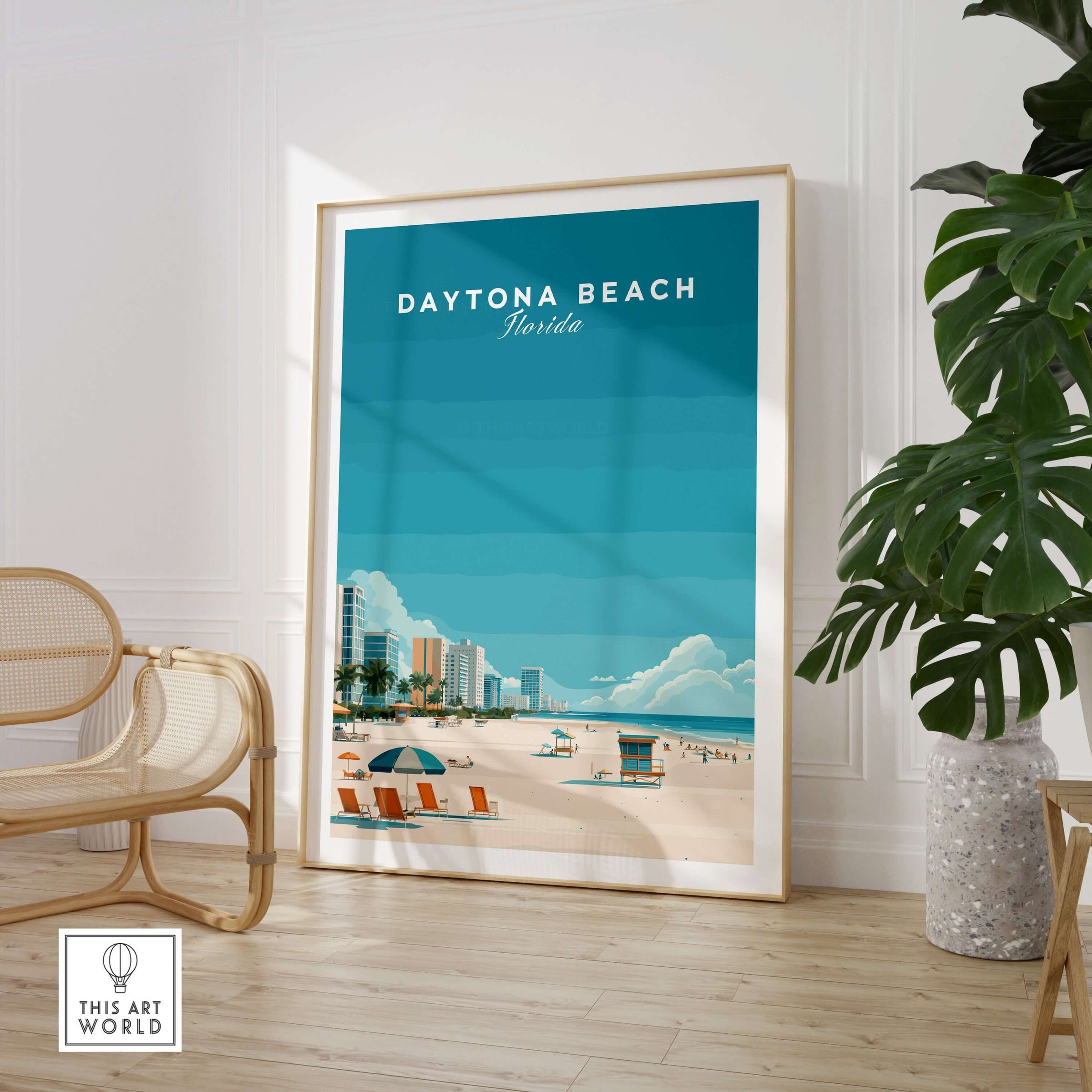 Daytona Beach Florida Lifeguard Station Print - Sunny Beach Wall Art displayed in a bright, modern living room setting.
