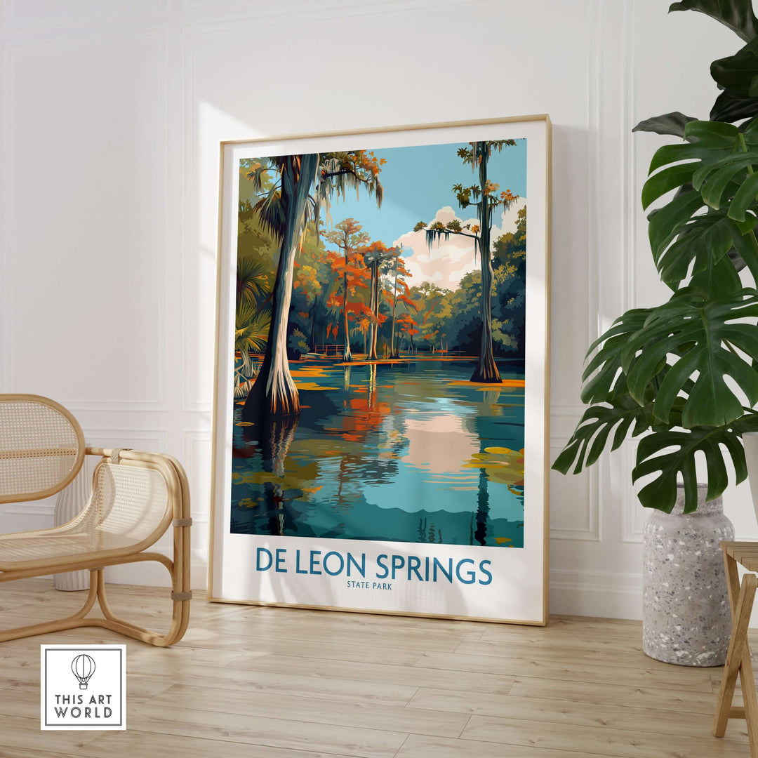 De Leon Springs Cypress Trees and Water Print capturing serene reflections in Florida nature decor.
