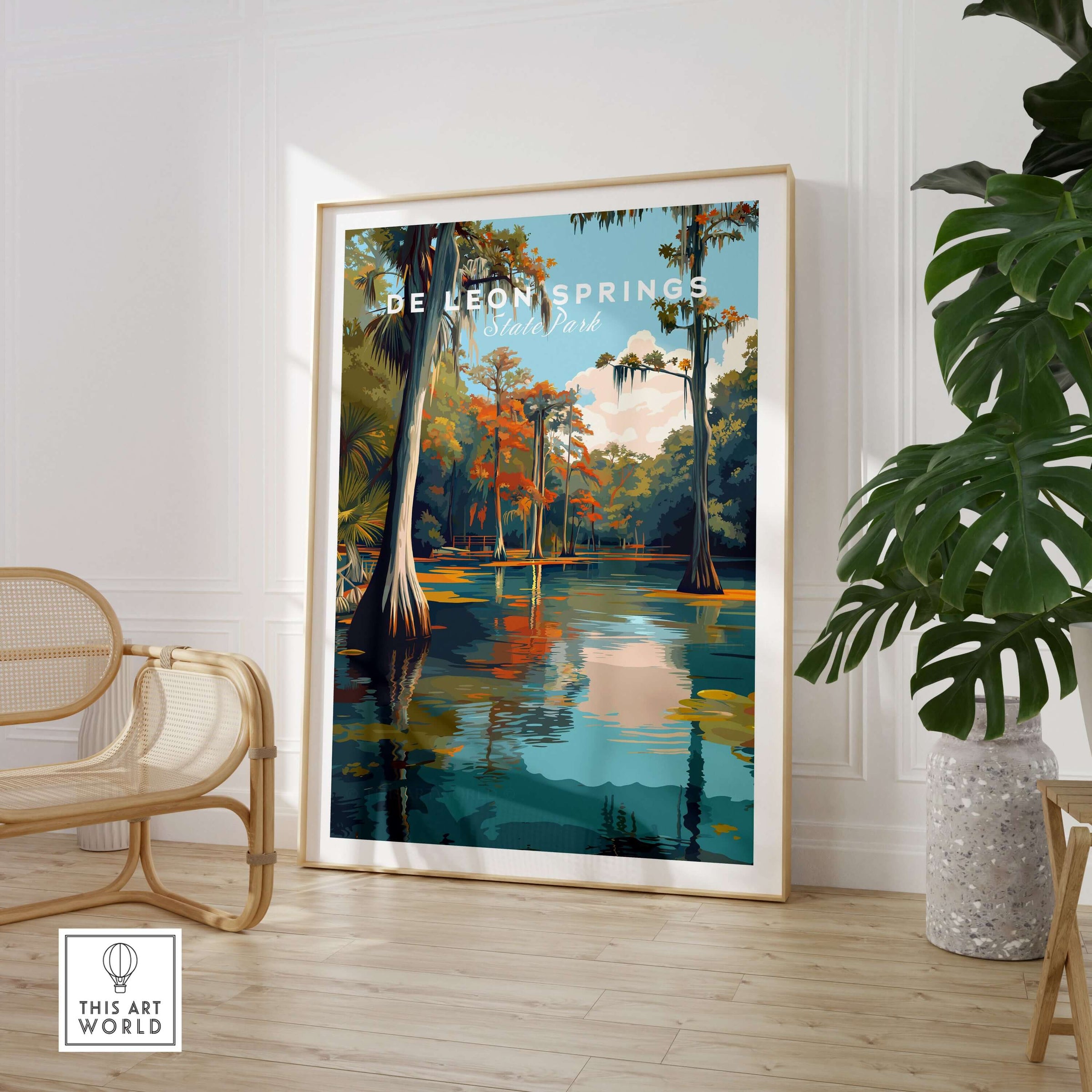 De Leon Springs Poster - Serene Florida State Park Wall Art displayed in a bright room with greenery.