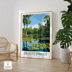 De Leon Springs Florida Green Lily Pond Poster - Florida State Park Decor displayed in a stylish interior setting.