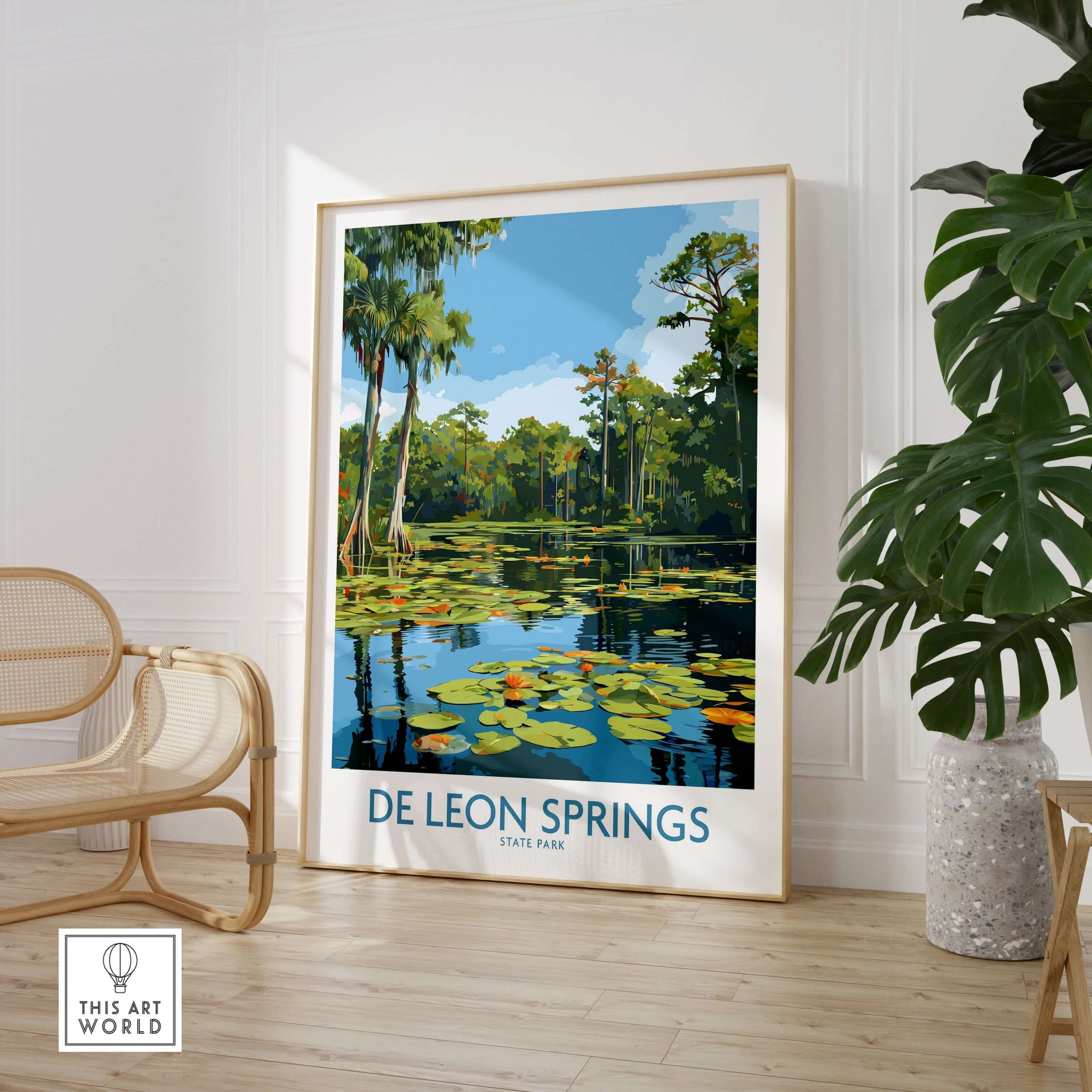 De Leon Springs Florida Green Lily Pond Poster - Florida State Park Decor displayed in a stylish interior setting.